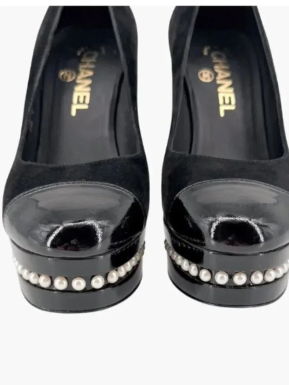 Chanel Pearl Platform Pumps Heels Cap Toe Black Suede Size 39 US 9